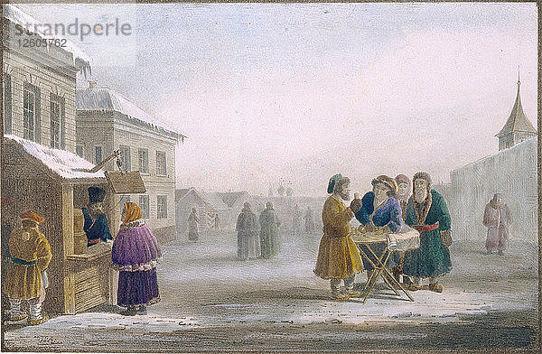 Verkäufer von Straßentabak im Tabakladen  1825. Künstler: Pluchart  Eugéne (1809-1880)
