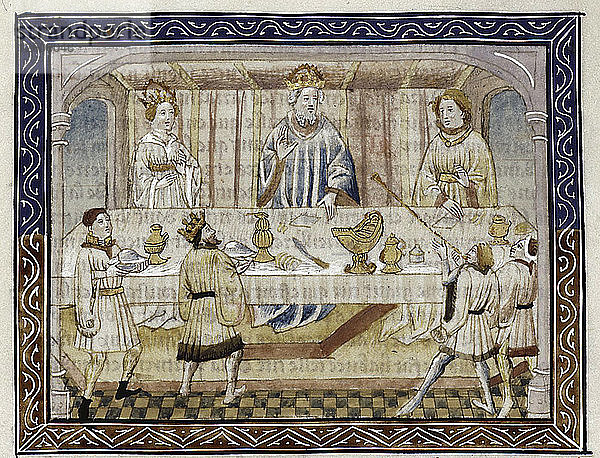 Caesar Augustus  seine Frau und sein Sohn bei Tisch (Aus: Jean Hayton  Fleur des histoires de la terre dOrient)  um 1410. Künstler: Meister der Apokalypse von Berry (tätig 1400-1415)