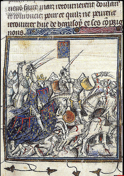 Kreuzfahrer und Sarazenen im Kampf während des dritten Kreuzzuges (aus den Chroniques de France ou de St Denis)  nach 1380. Künstler: Anonym