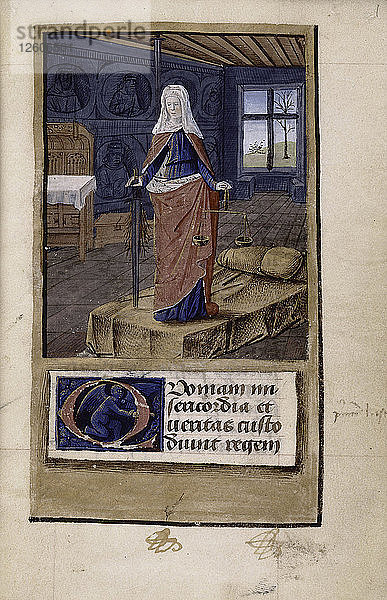 Allegorie der Gerechtigkeit (aus Johannes von Wales Breviloquium de virtutibus antiquorum principum et philosophorum)  1475-1499. Künstler: Colombe  Jean (ca. 1430-c. 1493)