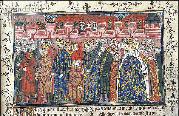 Die Krönung Philipps II. Auguste in Anwesenheit Heinrichs II. von England (aus den Chroniques de France ou de St Denis)  nach 1380. Künstler: Anonym