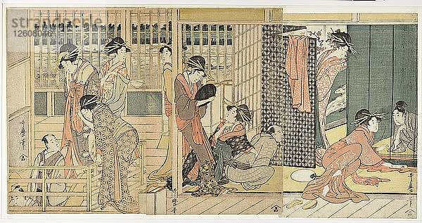 Morgentliche Verabschiedung in den provisorischen Unterkünften des Vergnügungsviertels  1801. Künstler: Utamaro  Kitagawa (1753-1806)