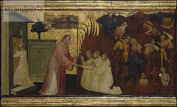 Der heilige Laurentius befreit die Seelen aus dem Fegefeuer. Szenen aus dem Leben des Heiligen Laurentius  Predella  um 1412. Künstler: Lorenzo di Niccolò (tätig 1391-1414)