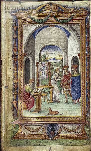 Schreibende Penelope  Telemachus und Laertes (Illustration zu den Heroides von Ovid)  1485-1499. Künstler: Majorana  Cristoforo (tätig ca. 1480-1494)