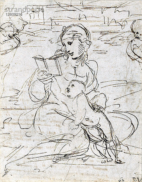 Lesende Madonna mit Kind in einer Landschaft zwischen zwei Cherubköpfen  1509. Künstler: Raphael (1483-1520)