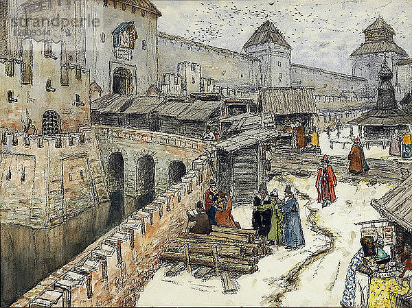 Moskau im 17. Jahrhundert. Buchläden auf der Christ-Erlöser-Brücke  1902. Künstler: Wasnetsow  Appolinari Michailowitsch (1856-1933)