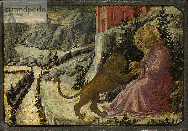 Der Heilige Hieronymus und der Löwe (Predella-Tafel des Altars von Pistoia Santa Trinità)  1455-1460. Künstler: Lippi  Fra Filippo (1406-1469)