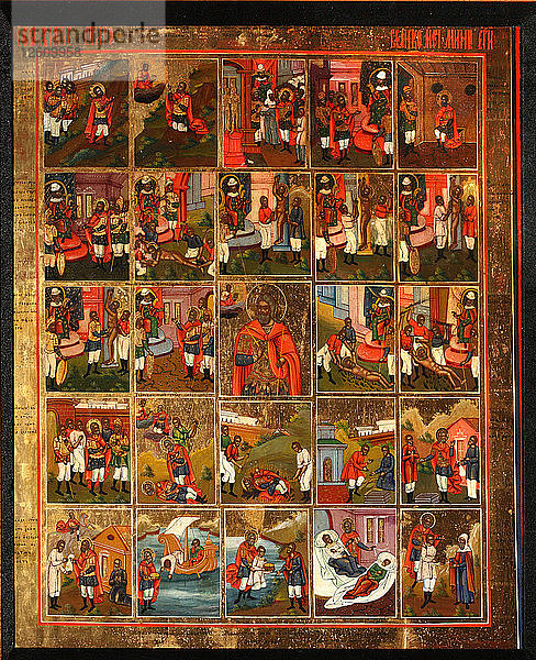 Der heilige Menas mit Szenen aus seinem Leben  Mitte des 19. Jahrhunderts. Künstler: Russische Ikone