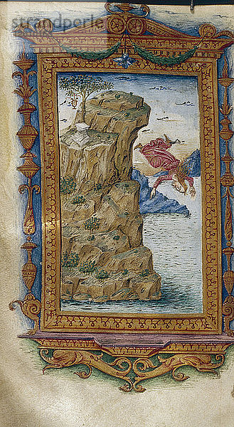 Sappho  die sich ins Meer stürzt (Illustration zu den Heroides von Ovid)  1485-1499. Künstler: Majorana  Cristoforo (tätig ca. 1480-1494)