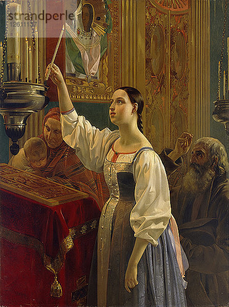 Ein Mädchen stellt eine Kerze vor die Ikone  1842. Künstler: Mikhaylov  Grigori Karpovich (1814-1867)