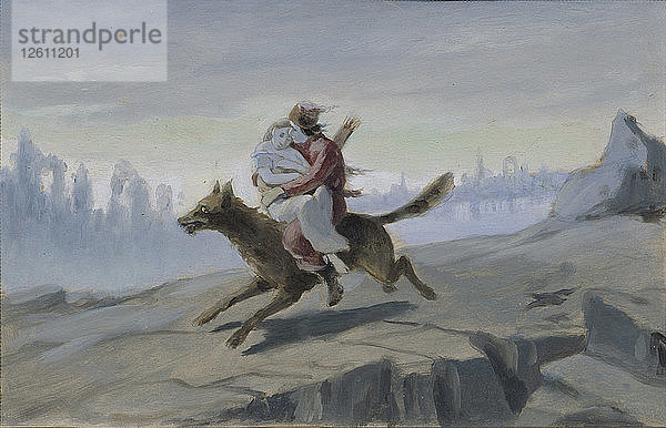Iwan Zarewitsch reitet auf dem Grauen Wolf  Ende der 1870er-Anfang der 1880er Jahre. Künstler: Perow  Wassili Grigorjewitsch (1834-1882)