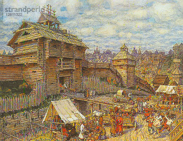 Die hölzerne Stadt Moskau im 14. Jahrhundert. Künstler: Vasnetsov  Appolinari Mikhaylovich (1856-1933)