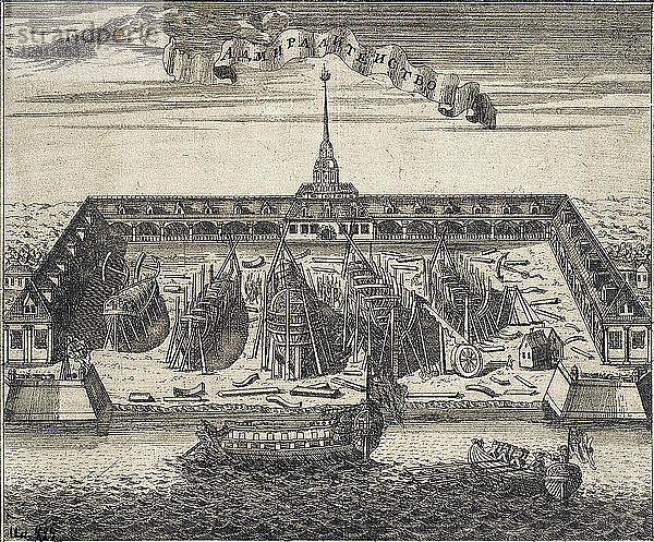 Ansicht der Admiralitätswerft in St. Peterburg  1717. Künstler: Rostowzew  Alexej Iwanowitsch (1670er-1730er Jahre)