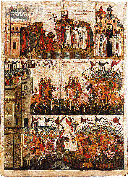 Schlacht zwischen den Novgorodianern und Suzdalianern  Mitte des 15. Jahrhunderts. Künstler: Russische Ikone
