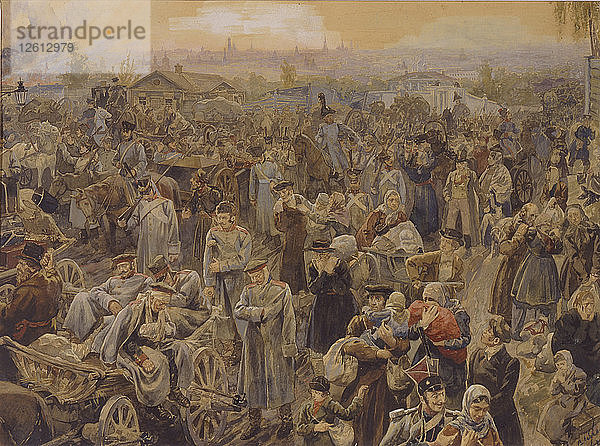 Der Rückzug der russischen Truppen aus Moskau im Jahr 1812  1907. Künstler: Lebedew  Wassili Petrowitsch (1880-?)