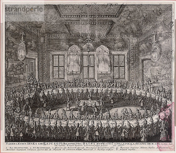 Das Hochzeitsfest von Peter I. und Katharina im Winterpalast in St. Petersburg am 19. Februar 1712  1712. Künstler: Subow  Alexej Fjodorowitsch (1682-nach 1750)