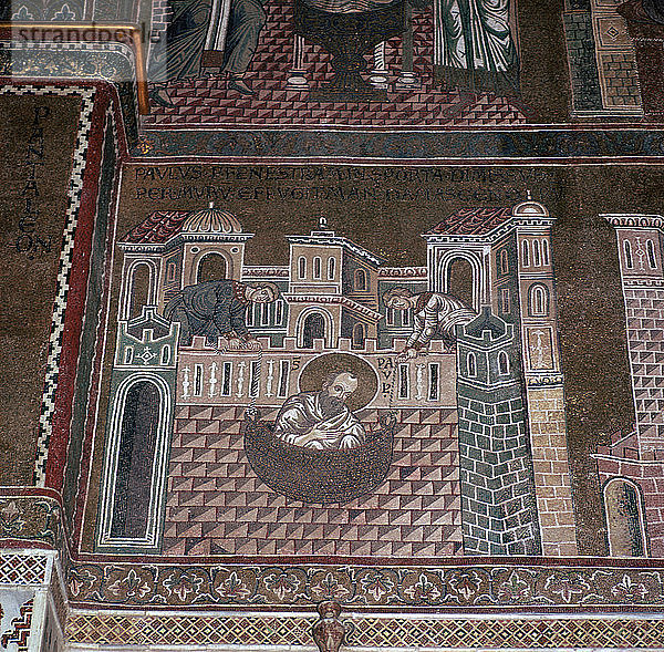 Ein Mosaik  das den heiligen Paulus auf der Flucht aus einer Stadt in einem Korb zeigt  12. Jahrhundert. Künstler: Unbekannt