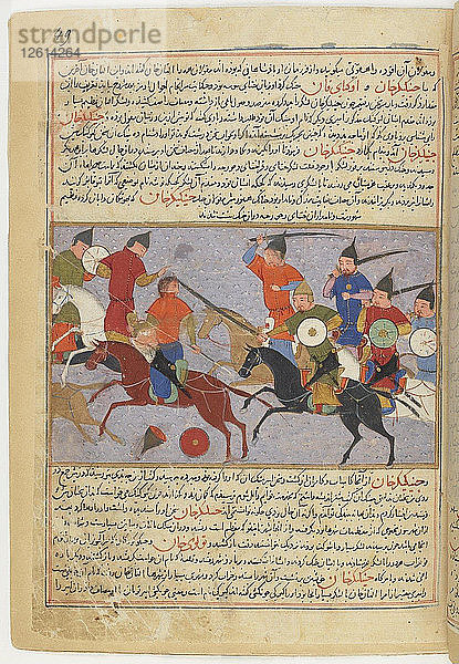 Schlacht zwischen den Armeen der Mongolen und der Jin Jurchen in Nordchina im Jahr 1211. Miniatur aus Jami al-taw Künstler: Anonym