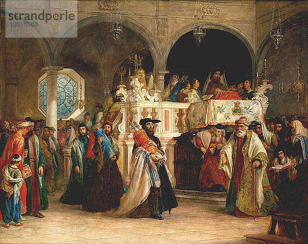 Das Fest der Freude über die Tora in der Synagoge von Leghorn  Italien  1850. Künstler: Hart  Solomon Alexander (1806-1881)
