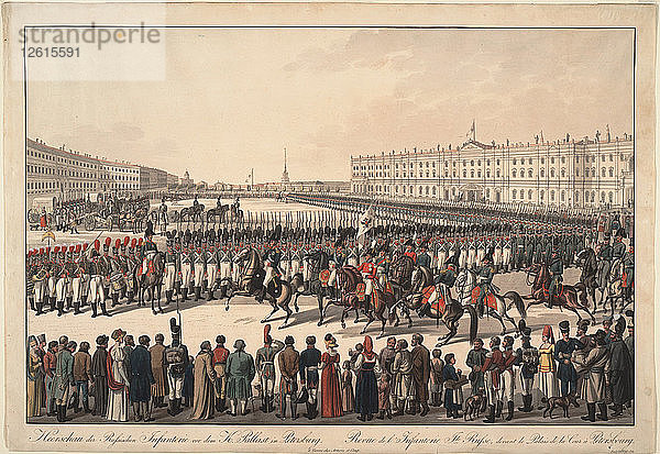 Revue der russischen Infanterie auf dem Schlossplatz in St. Petersburg  1809-1813. Künstler: Kobell  Wilhelm  Ritter von (1766-1853)