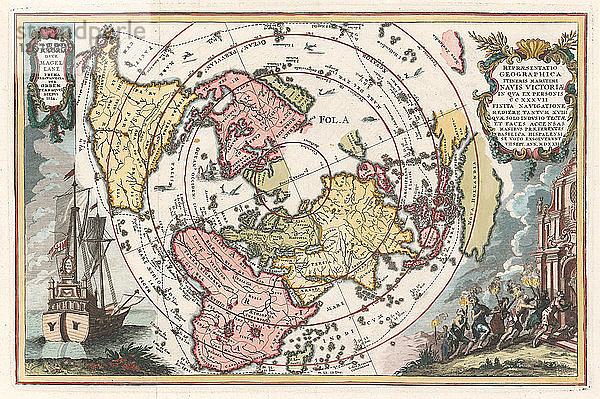 Weltkarte mit Magellans Weltumsegelung (aus Scherers Atlas novus)  1702-1703. Künstler: Scherer  Heinrich (1628-1704)