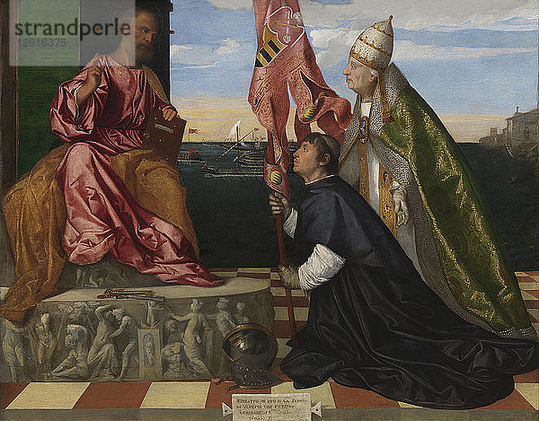 Jacopo Pesaro wird von Papst Alexander VI. dem Heiligen Petrus überreicht  1506-1511. Künstler: Tizian (1488-1576)