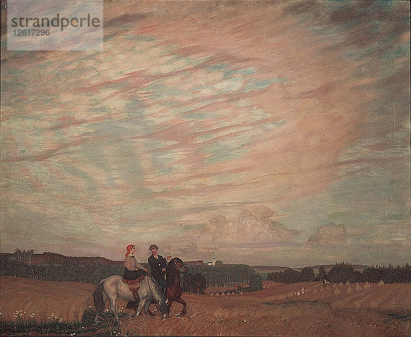 Selbstbildnis mit der Ehefrau zu Pferd  1915. Künstler: Kustodiew  Boris Michajlowitsch (1878-1927)