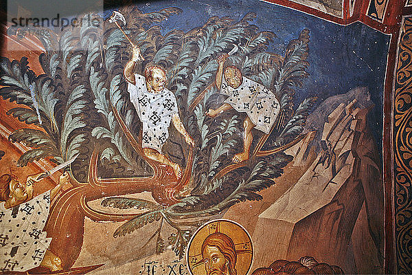 Der Einzug von Christus in Jerusalem. Ausschnitt: Kinder schneiden Palmzweige  14. Jahrhundert. Künstler: Meister Gerasime (tätig im 14. Jahrhundert)