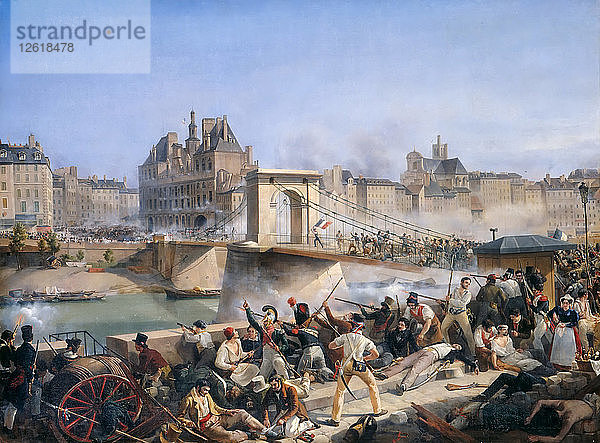 Angriff auf das Hotel de Ville und Gefecht auf der Pont d'Arcole  28. Juli 1830. Künstler: Bourgeois  Amédée (1798-1837)