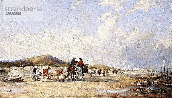 Überquerung des Sandes zum Markt von Swansea  um 1850. Künstler: Edward Francis Drew Pritchard