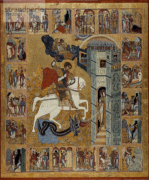 Der Heilige Georg mit Szenen aus seinem Leben. Künstler: Russische Ikone