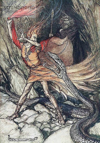 Ohe! Ohe! Schrecklicher Drache  oh  verschlucke mich nicht! Illustration für The Rhinegold and The Valkyrie von Künstler: Rackham  Arthur (1867-1939)