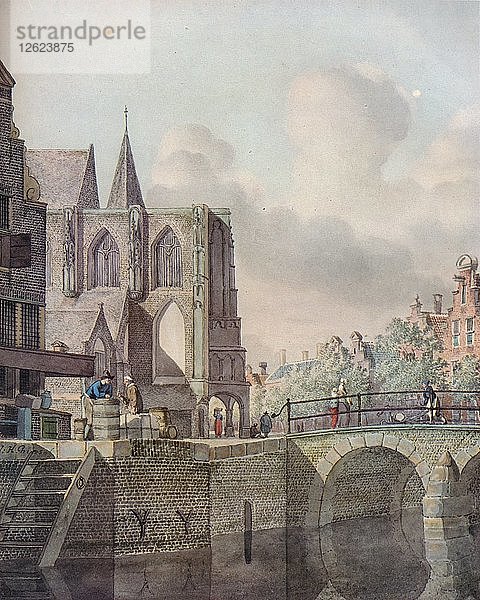 Kontinentale Flussszene mit Brücke und Kirche  um 18. Jahrhundert. Künstler: Johannes Huibert Prins.