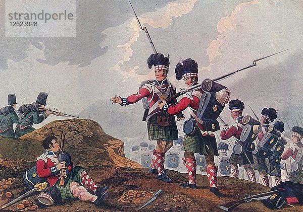 Tapferkeit eines Pfeifers des 11. Hochlandregiments in der Schlacht von Vimiera  um 1820 (1909). Künstler: Clark & Dubourg.