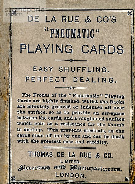 De La Rue & Cos Pneumatic Playing Cards  Umschlag  1925. Künstler: Unbekannt.