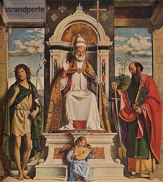 Der heilige Petrus thront mit den Heiligen Johannes dem Täufer und Paulus  um 1516. Künstler: Giovanni Battista Cima da Conegliano.