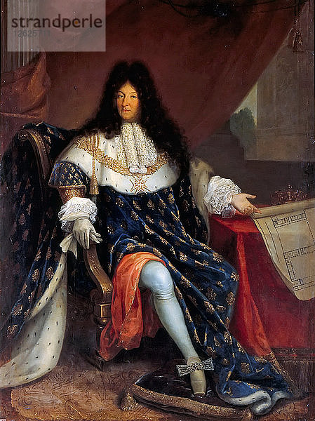 Porträt Ludwigs XIV. mit dem Plan des Königshauses von Saint-Louis in Saint-Cyr. Künstler: Jollain  Nicolas-René (1732-1804)