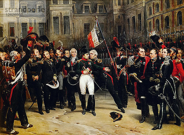 Napoleons Abschied von der kaiserlichen Garde im Innenhof des Schlosses von Fontainebleau am 20. April Künstler: Montfort  Antoine Alphonse (1802-1884)