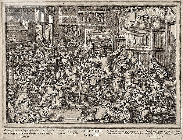 Allemode Schule (Der Schuhmacher und die Jungfer als Schulmeister). Künstler: Ballieu  Pieter de (1613-1660)