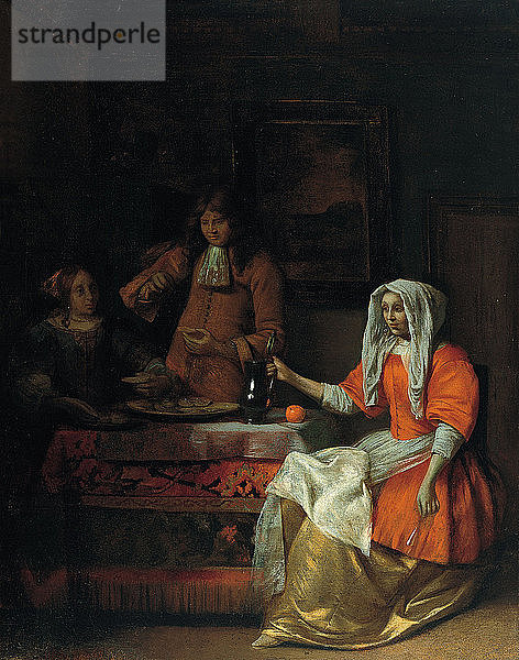 Interieur mit zwei Frauen und einem Mann beim Trinken und Essen von Austern. Künstler: Hooch  Pieter  de (1629-1684)