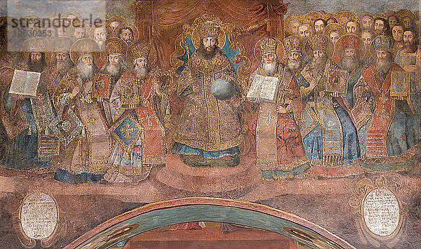 Erstes Konzil von Nizäa. Künstler: Altrussische Fresken