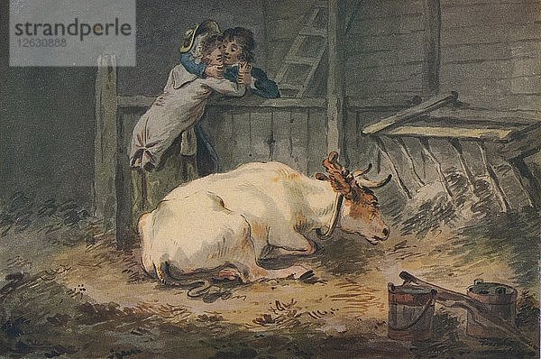 Brautwerbung in einem Kuhstall  um 18. Jahrhundert. Künstler: Julius Cäsar Ibbetson.