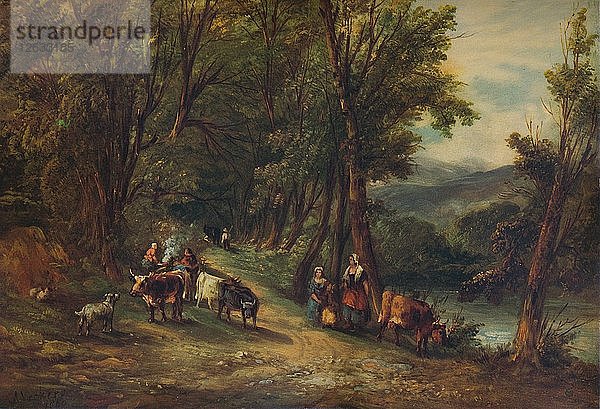 Rinder und Figuren in einem bewaldeten Tal mit Bach  1860  (1938). Künstler: Alfred Vickers.