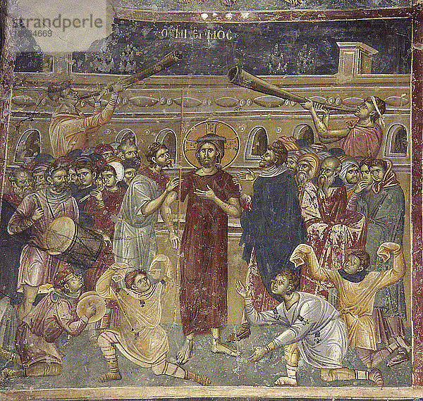 Die Verspottung Jesu (Szene mit den Musikern)  um 1317. Künstler: Chrostiras Michael (Mihailo) und Eftichios (Evtihij) (aktiv um 1312-1320)