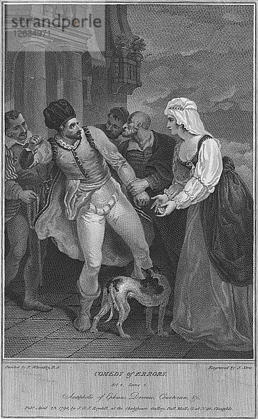 Komödie der Irrungen Akt 4 Szene 4. Antipholis von Ephesus  Dromio  Courtezan & c  1798. Künstler: James Stow.
