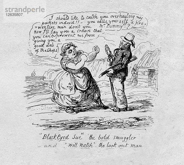 Black Eyed Sue  die kühne Schmugglerin  und Will Watch  der Aufpasser  1829. Künstler: George Cruikshank.