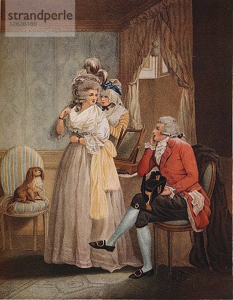 Ankleiden für die Maskerade. Laetitia fliegt von der Reflexion zur öffentlichen Unterhaltung  1789. Künstler: John Raphael Smith.