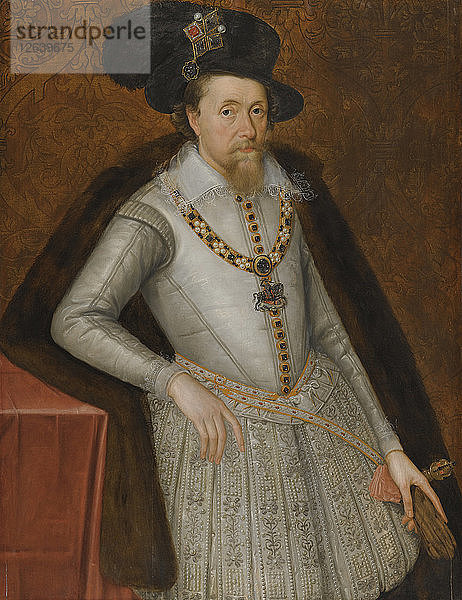 Porträt von König Jakob I. von England (1566-1625)  Anfang des 17. Jahrhunderts. Künstler: De Critz (Decritz)  John  der Ältere (1551/2-1642)