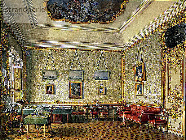 Das Arbeits- oder kleine Arbeitszimmer von Zar Alexander I. im Großen Palast in Zarskoje Selo  1875. Künstler: Hau  Eduard (1807-1887)