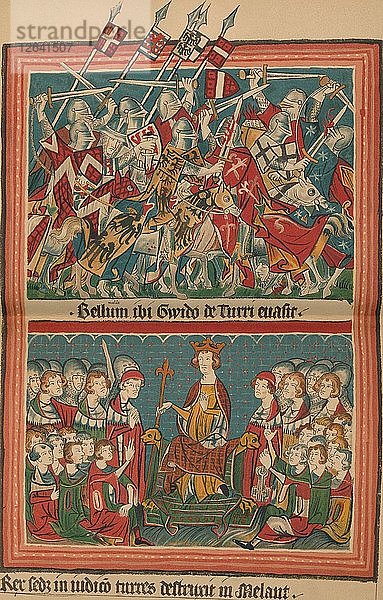 Schlacht und Gerichtshof während des Marsches Heinrichs VII. auf Rom: Eine Seite aus dem Codex Balduineus  Künstler: Unbekannt.